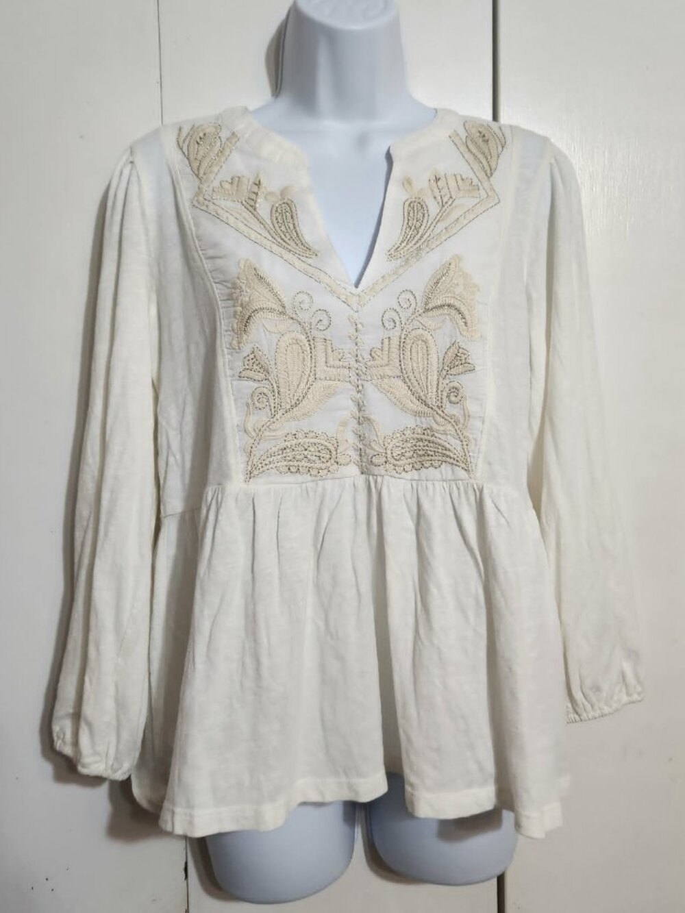 Lucky Brand NWT Embroidered Peplum Top S Ivory Metallic Boho Slouchy Sleeve
